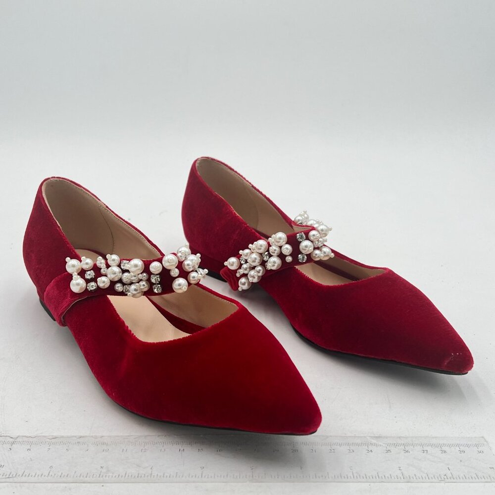 XYD Burgundy Pointed Toe Velvet Pearl Strap Beaded Mary Janes Dress Shoes - Picture 4 of 8